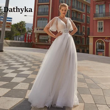 Модерна сватбена рокля Dathyka с V-образно деколте за жени 2024 г. С аппликацией на булката, без табли, Лъскави гънки от тюл с Дължина до пода, произведено по поръчка