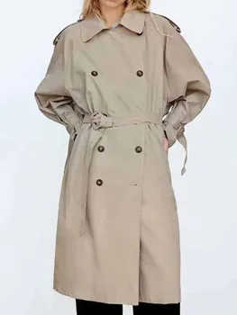 Жена, есен 2023, Нова мода с колан, Двубортный свободен тренч, реколта дамски връхни дрехи с дълъг ръкав, луксозно палто