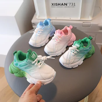 2023 година, детски спортни обувки наклон цвят, мека окото Дишащи обувки за бягане, Обувки за момчета и момичета, Модни маратонки