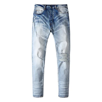 2023 Модни маркови мъжки Дънки High Street Наклон син цвят, с окъсани заплатками, реколта памучни панталони Motor Biker, тесни дънкови панталони