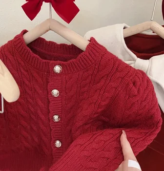 Пуловер за момичета, детски трикотажная риза, жилетка, червен пуловер, пищната пола-пакетче, Пролет-есен, Коледа, Нова година, Скъпи палта за деца