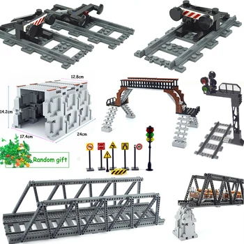 Градските железопътни линии, жп гара, тухли, жп буферна спирка, модел релси, прави извити железопътни линии, Строителни блокове MOC Toys Leduo
