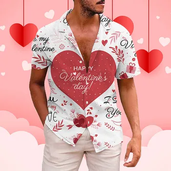Мъжка риза с къс ръкав и принтом графити във формата на сърце, върховете на копчета с отложным яка на Свети Валентин, Празнична плажни дрехи за пътуване