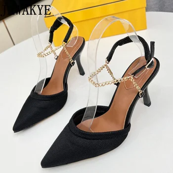 Нови летни дамски сандали с метална верига на високи токчета във френски стил, вечерни обувки, дамски черни сандали с остри пръсти