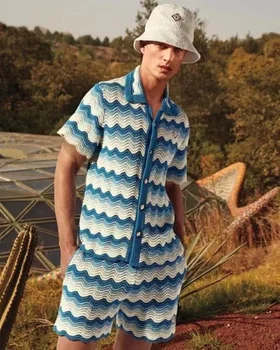 Върхова продуктова версия сини жаккардовых блузи Казабланка градиентной плетени, за мъже и жени, ежедневни тениска
