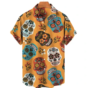 Лятно хавайско мъжка риза с 3D-принтом 2023 г., женска риза с къс ръкав и обемен модел на черепа, Дишаща мъжка риза 5XL