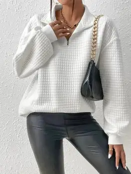 Нов пуловер с отложным яка и дълъг ръкав 2023, дамски ежедневни модни hoody-поло с цип, трикотажная hoody в клетката