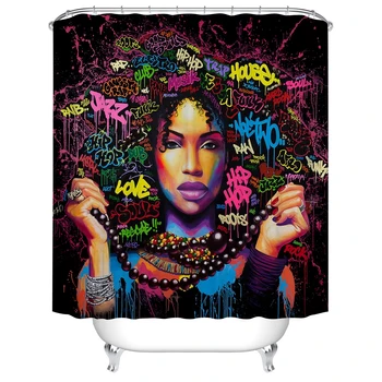 Артистичен дизайн, графити, хип-хоп, африкански момиче с черна коса, Голяма обица във формата на модерна сграда, завеса за душ за баня декор
