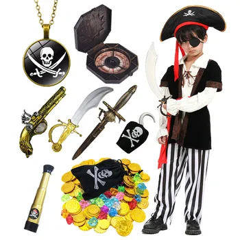 Пиратски костюм Луксозен Детски костюм Пират меч Компас, Бинокъл Златни монети и Диаманти Пиратски аксесоари за парти в чест на Хелоуин