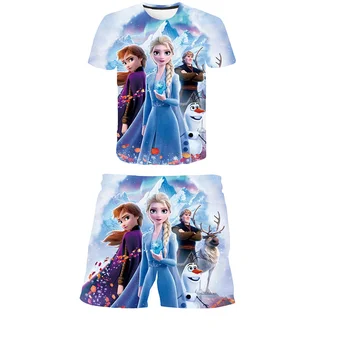 Летни дрехи за момичета 2022 Frozen 2, тениски + шорти принцеса Елза, костюми, детски дрехи, ежедневни костюми с анимационни герои