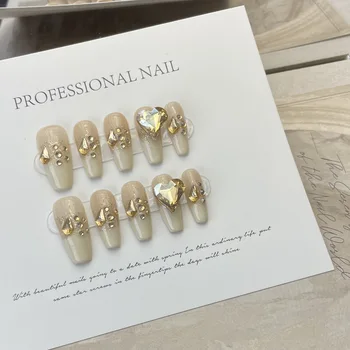 10шт Изкуствени нокти ръчно изработени с диаманти във формата на сърце с любов, свързани с ноктите, подвижни, безопасен материал за женска козметика САМ Salon