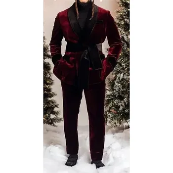 Мъжки костюми за пушачи, бургундско червено Кадифе, Черна шал с ревери, Свободна Двубортная модерно яке от 2 теми, Панталони, дом на мъжко облекло