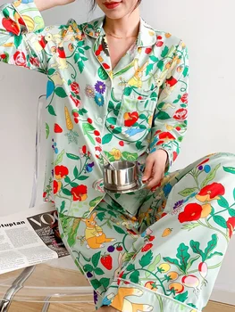 Нова копринени пижами с принтом, дамски есен облекло sweet rabbit, панталони с дълъг ръкав