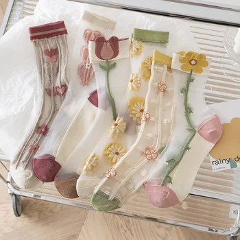 Летни тънки Прозрачни Кристални копринени чорапи С бродерия във формата на цвете Лале, дамски чорапи в стил ретро, Еластични чорапи със средна дължина, Crystal Сокс