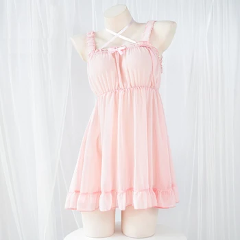 Шифоновое облечи аниме Лолита за момичета, женски чисто розово нощно рокля, пижами, дрехи, костюми за cosplay