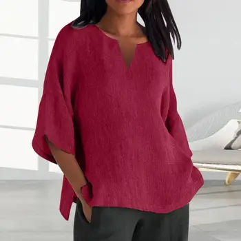 Однотонная риза, стилна женска тениска с V-образно деколте и ръкави 3/4, свободно намаляване, ежедневна блуза с цепка отстрани, пролетно-есенна градинска облекло.