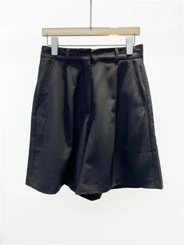 Дамски ежедневни черни шорти от 100% вълна, лято 2023, Нов дамски панталон с висока талия с цип и джобове