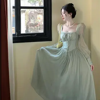 Френското Елегантна рокля midi дантела с ръкави-фенерче, лятно Женствена рокля с квадратни деколтета, вечерна рокля за бала, женствена рокля Есен