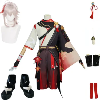 Genshin Impact Каэдехара Казуха Cosplay костюм за Хелоуин Кралят костюм Самурай Перука Червени очила