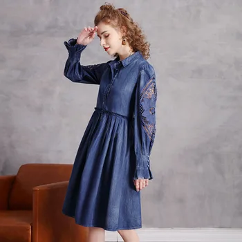 Johnature/ дънкови памучни рокли 2023, Пролетно новост, открита дрехи, Сини копчета, женски реколта рокли трапецовидна форма с дължина до коляното