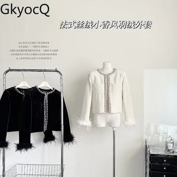 GkyocQ 2023 Новост зимата, Френски парфюми с високо качество, Темперамент, Кръгъл отвор, Черно кадифе къс яке, Дамски блузи