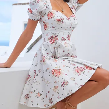 Жена ежедневното сладка рокля с флорални принтом, секси мини рокля с квадратна яка и пищни ръкави, без табли, летни рокли в стил бохо с висока талия 2021