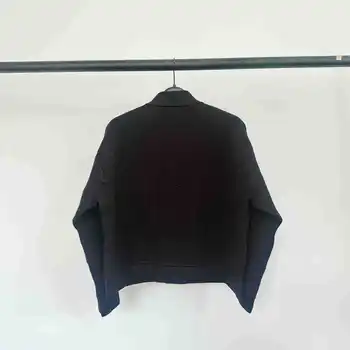 Дамски вязаная яке с отложным яка, однобортный есенно-зимния моден женски черен пуловер с дълъг ръкав, универсално палто