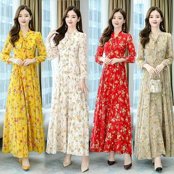 Жена шифоновое Макси рокля с цветен модел на лигавицата, есен 2022, Елегантни реколта корейски рокли за модния подиум, по-големи размери 4XL, вечерни почивки.