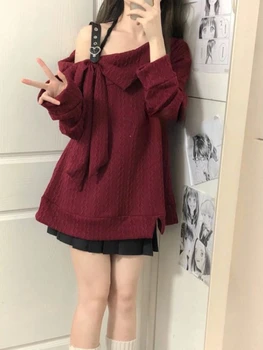 Crochet пуловери Harajuku Сладки с открити рамене и лък, женски + Y2k Гръндж, черна пола с висока талия и рюшами, Зимни Нови комплекти от две части