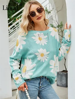 Liooil, Вязаный пуловер с принтом Семки, Дамски пуловер, Блузи с дълги ръкави, Вязаный Пуловер, Нова Градинска дрехи, Свободните пуловери с цветя модел
