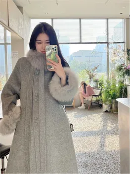 Дамско дълго вълнено палто с от изкуствена кожа, топли палта в елегантен стил Хепбърн 2023, Нова мода за есента и зимата