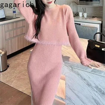 Модерен женски костюм Gagarich Temperament Есен Зима 2023, нов пуловер с необработени краища, облегающая пола, комплект дрехи от две части