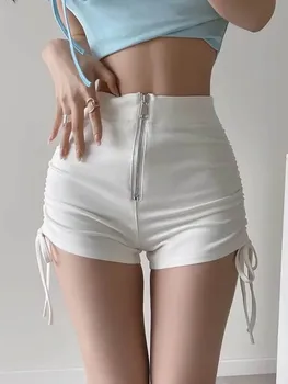 Дамски тънки къси панталони с висока талия, модерни нагънат ежедневни панталони с ципове с гънки на съвсем малък, летни Нови Корейски шорти