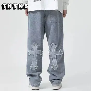 Провиснал мъжки дънки в стил хип-хоп, пънк, Корейски модни панталони Y2k, широки дънкови панталони-карго, Пряка мъжка марка дрехи