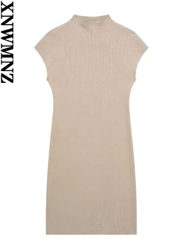 XNWMNZ Дамска мода 2023, еластично Трикотажное къса рокля, дамски реколтата, мини рокли с високо воротом и къс ръкав, тънка Секси женски мини рокли