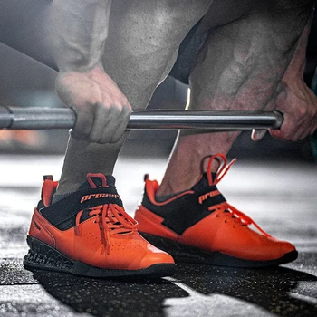 Професионална мъжки обувки за силови тренировки, оранжево спортни обувки, мъжки кожени обувки за коремни преси, модерни обувки за вдигане на тежести