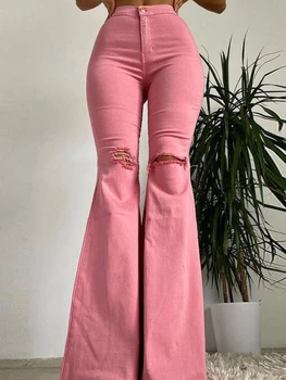 2023, Пролетно-летни дамски дънки, прилепнали части, Скъсан разкроена панталони с непреработени ръба, Светли дънкови панталони с висока еластичност.