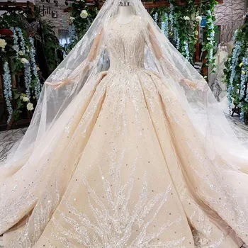 Бална рокля SERENE HILL с дълъг ръкав на сватбена рокля с воал 2024, апликация с кръгло деколте, дантели цвят шампанско, луксозна сватбена рокля