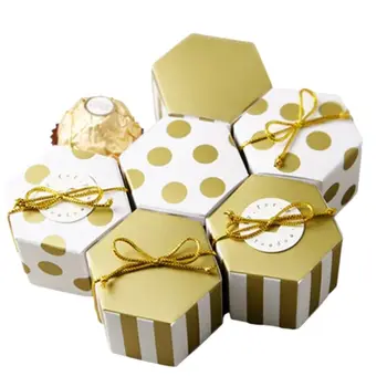 50шт мини-шарени точки, златни шестоъгълни кутии, бронзови шоколадови бисквитов, сватбени бонбони, опаковки за печене, декор на сватбени партита