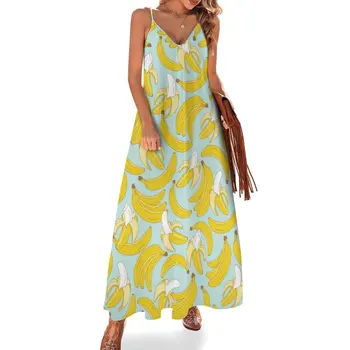 Банан модел на бирюзовом фон, рокля без ръкави, лятна рокля, дамски елегантни свободни рокли 2023