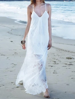 Лятна нова секси вечерна елегантна пола на подтяжках с куха шевове, плажна секси бяло бельо рокля с V-образно деколте дължина до щиколоток