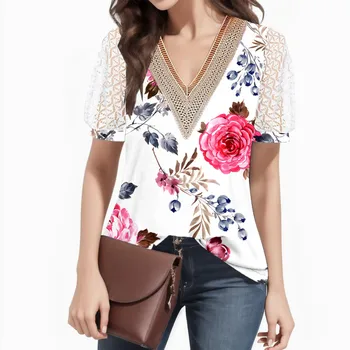 blusa mujer moda 2023 Дамски Подходяща Блуза Модни Летни Ризи Кухи Тънки Блузи с къс ръкав и V-образно деколте, Блузи от женската горната тъкан
