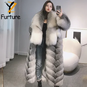 палто от естествена кожа с дължина 110 см, палта от естествен лисьего кожа в привлече диагонал ивица с яка-часова 2023, зимна мода, луксозно дамско палто