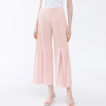 Miyake Fold 2024, Пролетни нови тънки панталони, ежедневни панталони с цепка на штанинах, разтеглив пъхтя крака, обикновен широки панталони