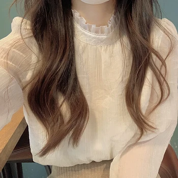 Лейси риза в стил принцеса 2023, Началото на есента, Нов Корейски Модерен пуловер с висока яка, шифоновая риза, топ за дамски дрехи