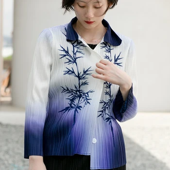 Плиссированная риза Miyake, Луксозни Блузи от 2021 г., Нова блуза с дълъг ръкав наклон цветове и копчета, Оригинални Дизайнерски дамски дрехи
