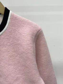 2024 Пролетен женски Сладък Розов Пуловер с кръгло деколте в контрастен цвят, Вязаный топ с дълъг ръкав, Однобортный женски жилетка
