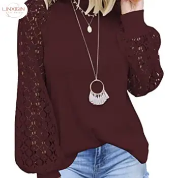 Дамски елегантни отворена лейси блуза, риза, есенни плетени блузи с дълги ръкави-фенерчета, пуловери, реколта блузы с кръгло деколте, однотонная градинска облекло