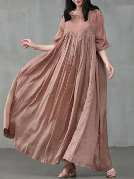 Летни рокли Дамски 2022 Ежедневна мода Плътен цвят през Цялата силует Плиссированное памучно семе и лененото дълга рокля Елегантни рокли за жени хавлия