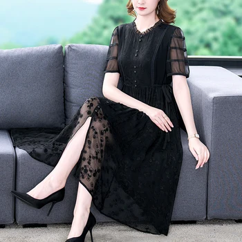 2023 Черно Жаккардовое коприна луксозна вечерна рокля за парти, Жена на Корейското Винтажное рокля за бала Хепбърн, Лятно Елегантно ежедневно премяна